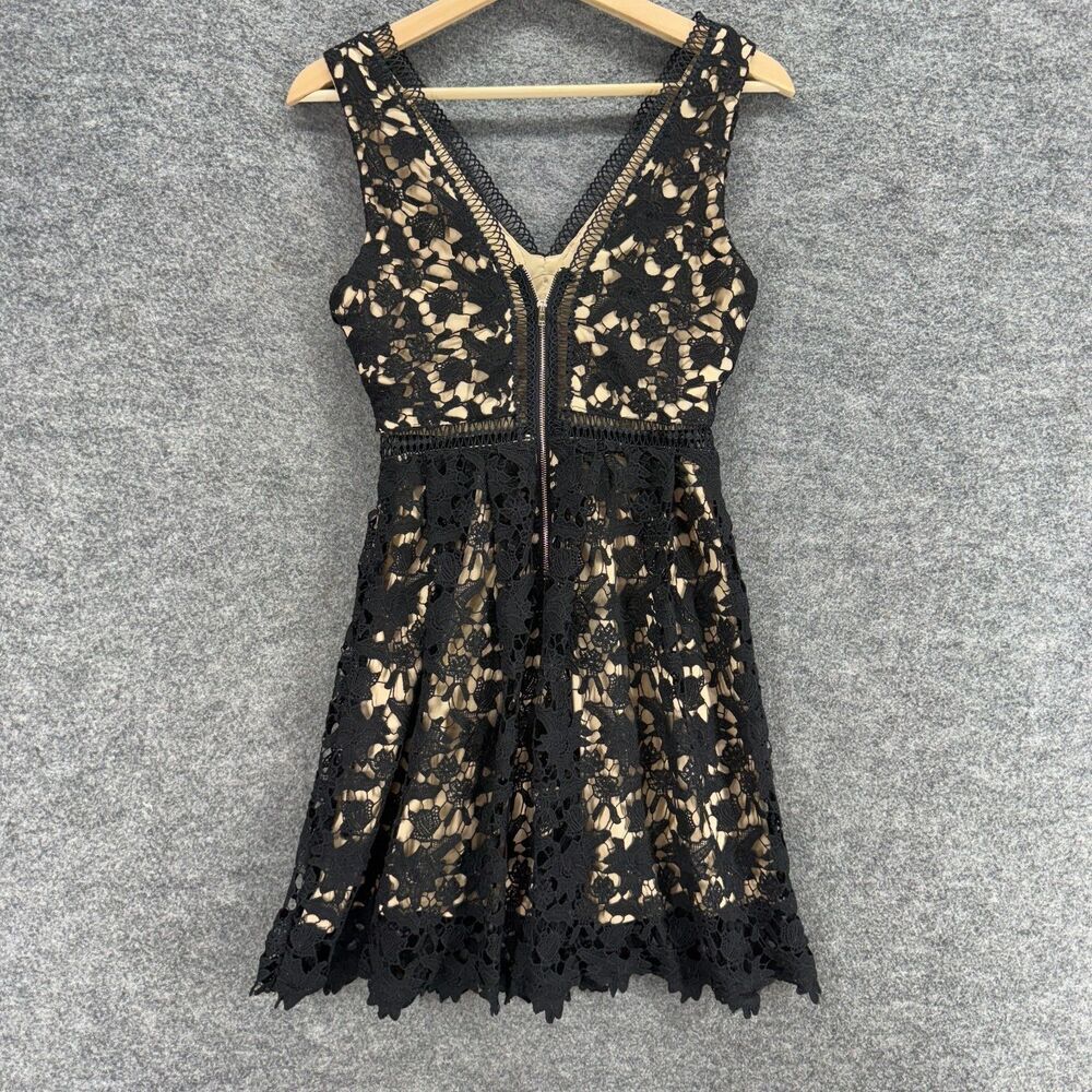 Alya Dress Women XS Black Floral Sheath Midi Crochet V-Neck Sleeveless Zipper - Picture 2 of 6